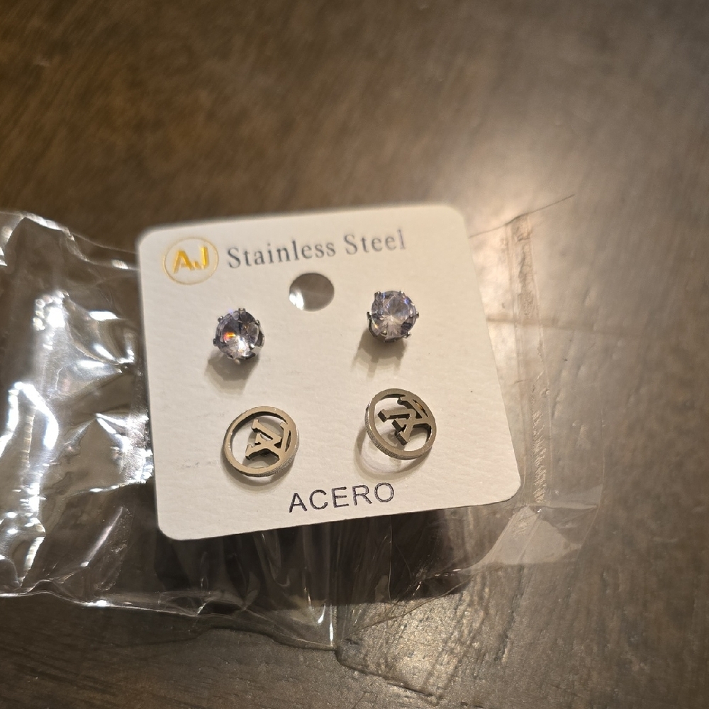 Stainless Steel Earrings Set with Purple and Silver Tones